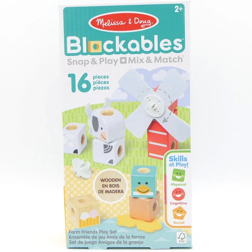 Melissa & Doug Blockables Farms Friends Play Set 16 Pc Snap & Play Wooden Blocks